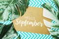 Hello September typography text on paper card with Monstera leaves Royalty Free Stock Photo