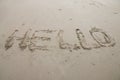 Hello sign word drawing on the sand background