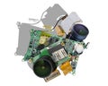 Hello small sports or spy camera. Printed circuit boards and lenses. Microelectronics of a small camera Royalty Free Stock Photo