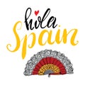 Hello Spain hand drawn greeting card with lettering and sketched fan. Vector illustration isolated on white background. Royalty Free Stock Photo