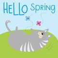 Hello Sping- text with cute cat and butterflies.