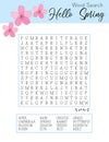 Spring word search puzzle. Logic game for learning English words. Printable party card.