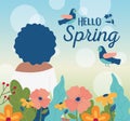 Hello spring back view woman birds flowers decoration card