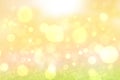 Hello spring background. Abstract bright spring or summer landscape texture with natural green yellow bokeh lights sun, flowers Royalty Free Stock Photo