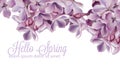 Hello spring background with purple lilac flowers Vector watercolor. Romantic floral wedding or greeting card decoration. Women Royalty Free Stock Photo