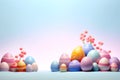 Hello spring banner. Happy Easter card. Many decorated Easter eggs with pink flowers. Pastel color background. Spring Royalty Free Stock Photo