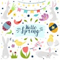 Hello spring banner template with bunny rabbit chick and flowers