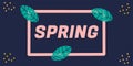 Hello spring banner. Vector illustration with leaves and elements on a solid dark background. Suitable for social media, mobile Royalty Free Stock Photo