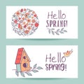 Hello, spring! Bird nests and spring flowers. Vector illustration Royalty Free Stock Photo