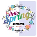 Hello spring on a blue background with a beautiful flower wreath. Vector illustrations
