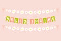 Hello Spring bunting garland, pink and green pennants with white letters, party lettering banner with white daisy