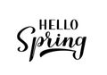 Hello spring calligraphy lettering isolated on white. Inspirational seasonal quote typography poster. Handwritten logo design. Royalty Free Stock Photo