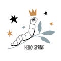 Hello spring. Card, poster with cute outline caterpillar with crown