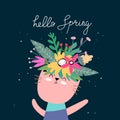 Hello spring. cartoon cat, hand drawing lettering, flowers, decoration elements on a neutral background. colorful spring vector il Royalty Free Stock Photo