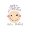 hello spring. Cartoon peace sign, flower, hand drawing lettering. retro style, vector illustration. Royalty Free Stock Photo