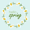 Hello spring in chamomile wreath. White flower heads, green leaves on blue background. Field summer daisies. Botany. Royalty Free Stock Photo