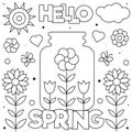 Hello Spring. Coloring page. Black and white vector illustration.