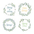 Hello spring, Spring is coming floral wreath collection, hand drawn vector illustration isolated on white. Decorative round frames Royalty Free Stock Photo