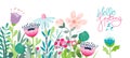 Hello Spring concept banner with hand drawn cute flowers on a white background. Royalty Free Stock Photo