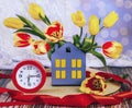 A bouquet of red and yellow tulips, a red alarm clock, a lantern in the form of a house, a red ribbon