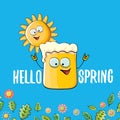 Hello spring concept illustration with vector cartoon funky beer glass character, flowers, green leaves and spring Royalty Free Stock Photo