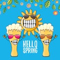 Hello spring concept illustration with vector cartoon funky beer glass character, flowers, green leaves and spring Royalty Free Stock Photo