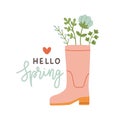 Hello spring. Cute rain boots with flowers plants. Hand drawn spring print, card, poster. Hand written text, lettering Royalty Free Stock Photo