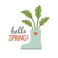 Hello spring. Cute rain boots with flowers plants. Hand drawn spring print, card, poster. Hand written text, lettering Royalty Free Stock Photo