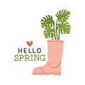 Hello spring. Cute rain boots with flowers plants. Hand drawn spring print, card, poster. Hand written text, lettering Royalty Free Stock Photo