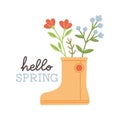 Hello spring. Cute rain boots with flowers plants. Hand drawn spring print, card, poster. Hand written text, lettering Royalty Free Stock Photo