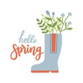 Hello spring. Cute rain boots with flowers plants. Hand drawn spring print, card, poster. Hand written text, lettering Royalty Free Stock Photo