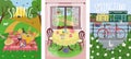 Hello Spring cute vector poster set. Outdoor picnic on grass and sowing, vacation in nature and village rest, bike on