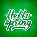 Hello spring 3d lettering on bright green background with sparkles . Inspirational season quote poster. Hand written logo design. Royalty Free Stock Photo