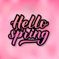 Hello spring 3d lettering on pink gradient background. Inspirational seasonal quote typography poster. Hand written logo design. Royalty Free Stock Photo