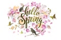 Hello Spring floral banner with lettering, sakura flowers, birds and butterflies.