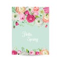 Hello Spring Floral Card for Holidays Decoration. Wedding Invitation, Greeting Template with Blooming Pink Flowers