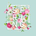 Hello Spring Floral Design with Blooming Pink Flowers. Botanical Springtime Background for Decoration, Poster