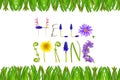 Hello spring.Floral letters and green grass frame isolated on white background . Spring banner. Floral alphabet. Spring