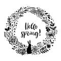 Hello spring! Flower wreath card with rabbit and inspirational q Royalty Free Stock Photo