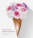 Hello spring flowers bouquet in an ice cream cone. Vector Beautiful composition springtime cards