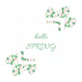 Hello spring frame made of apple tree branches painted in watercolor