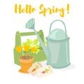 Hello spring gardening banner. Watering can, box with herbs, pot with crocuses, seeds. Vector illustration Royalty Free Stock Photo