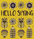 Hello spring greeting card with decorative flowers on yellow background Royalty Free Stock Photo