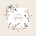 Hello spring greeting card, invitation with cute hand drawn birds and cherry tree branches with pink blossoms. Easter