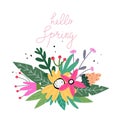 Hello spring. hand drawing lettering, flowers, decoration elements. colorful spring vector illustration, flat style. calligraphic Royalty Free Stock Photo