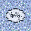 Hello Spring. Hand drawn brush pen lettering on blooming tree pattern. Royalty Free Stock Photo