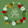 Hello Spring hand lettering greeting card. Decorative floral wreath.