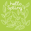 Hello Spring - hand lettering vector. Twigs with green leaves. Vector
