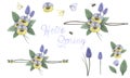 Hello spring, hand painted floral ornaments with viola`s, grape hyacinth, bumblebee and butterfly Royalty Free Stock Photo