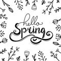 Hello, Spring handwritten Lettering with doodle flowers. Squarel greeting card